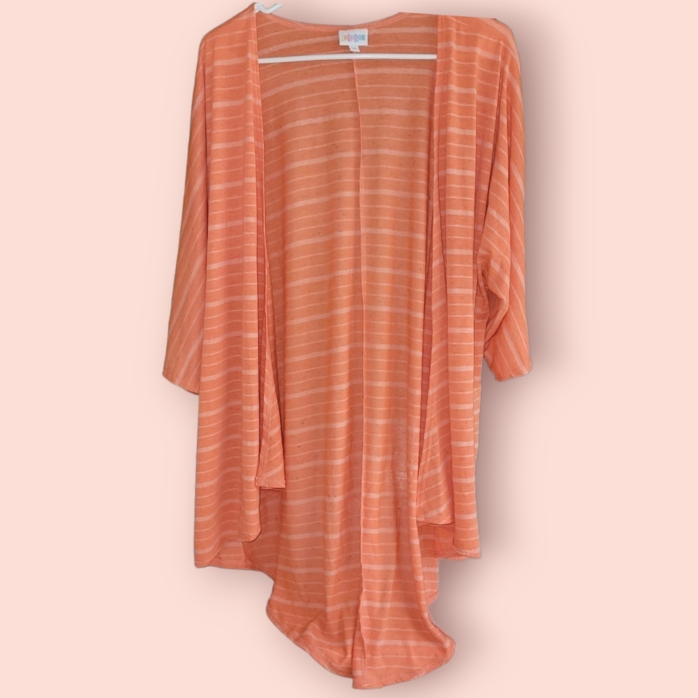 Lularoe Lindsay open front high low kimono, peach stripe, women's Size M…